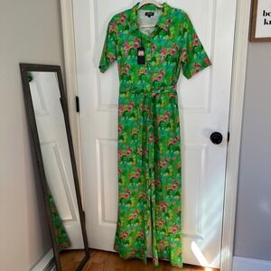 Green Floral Button-Front Jumpsuit with Tie Waist